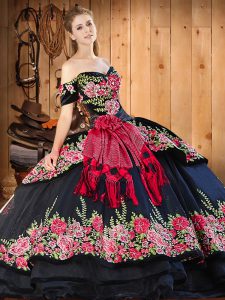 Inexpensive Embroidery and Hand Made Flower Sweet 16 Dress Black Lace Up Short Sleeves Floor Length