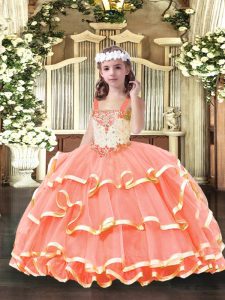 Orange Red Ball Gowns Straps Sleeveless Organza Floor Length Lace Up Beading and Ruffled Layers Pageant Dress Womens