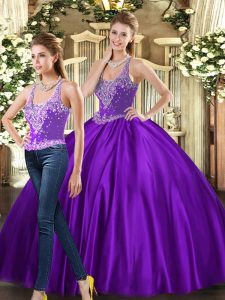 Purple Sleeveless Tulle Lace Up Quinceanera Dresses for Military Ball and Sweet 16 and Quinceanera