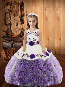 Multi-color Ball Gowns Fabric With Rolling Flowers Straps Sleeveless Embroidery and Ruffles Floor Length Lace Up Girls P