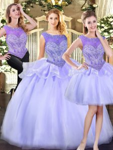 Lavender Sleeveless Floor Length Beading Zipper 15 Quinceanera Dress