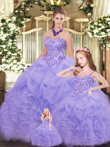 Pretty Lavender Ball Gowns Organza Sweetheart Sleeveless Beading and Ruffles Floor Length Lace Up 15th Birthday Dress