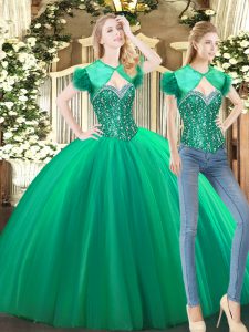 Cute Green Tulle Lace Up Sweetheart Sleeveless Floor Length Quinceanera Gowns Beading