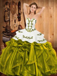 Spectacular Satin and Organza Strapless Sleeveless Lace Up Embroidery and Ruffles Quinceanera Gowns in Olive Green