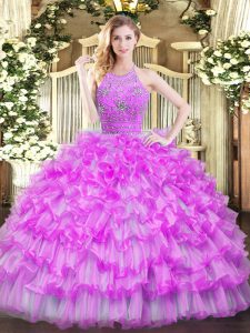 Lilac Zipper Quinceanera Gowns Beading and Ruffled Layers Sleeveless Floor Length