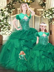 Green Ball Gowns Beading and Ruffles 15th Birthday Dress Lace Up Organza Sleeveless Floor Length