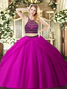 Fuchsia Ball Gowns Beading and Ruching Vestidos de Quinceanera Zipper Tulle Sleeveless Floor Length