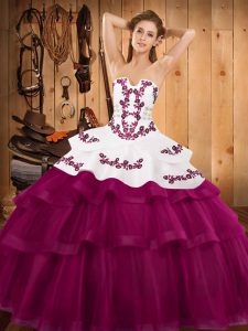 Strapless Sleeveless Tulle Quince Ball Gowns Embroidery and Ruffled Layers Sweep Train Lace Up