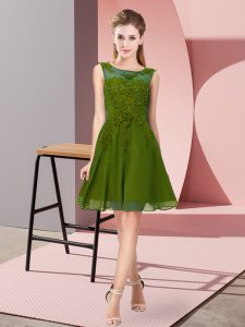 Popular Olive Green Empire Chiffon Scoop Sleeveless Appliques Knee Length Zipper Bridesmaid Dress