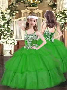 High Quality Green Straps Neckline Appliques and Ruffled Layers Kids Formal Wear Sleeveless Lace Up