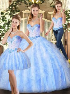 Smart Lavender Organza Lace Up Sweetheart Sleeveless Floor Length 15 Quinceanera Dress Beading and Ruffles