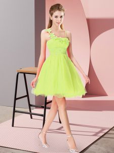 Yellow Green Empire Asymmetric Sleeveless Organza Mini Length Zipper Beading and Hand Made Flower Homecoming Dress
