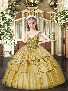 Latest Gold Ball Gowns Beading and Ruffled Layers Pageant Dress Lace Up Organza Sleeveless Floor Length