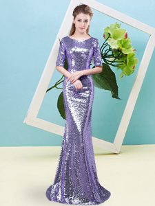 Fashionable Lavender Sequined Zipper Prom Evening Gown Half Sleeves Floor Length Sequins