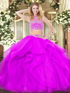 Customized High-neck Sleeveless Quinceanera Dresses Floor Length Beading and Ruffles Purple Tulle