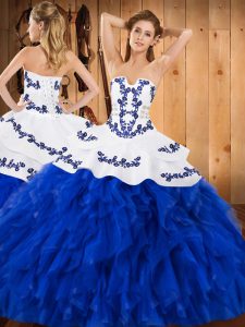 Floor Length Royal Blue Quinceanera Gowns Strapless Sleeveless Lace Up