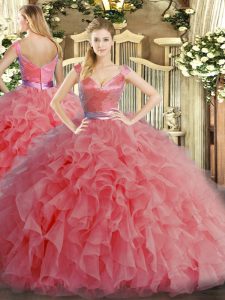 Exceptional Watermelon Red Ball Gowns Ruffles Quince Ball Gowns Zipper Organza Sleeveless Floor Length