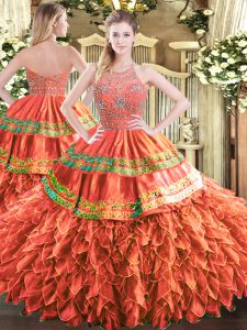 Rust Red Ball Gowns Beading and Ruffles and Sequins Quinceanera Gowns Zipper Tulle Sleeveless Floor Length