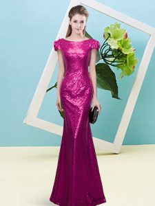 Fuchsia Cap Sleeves Sequins Floor Length Prom Evening Gown