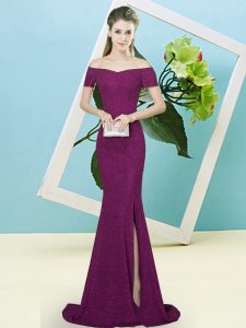 Modest Short Sleeves Sequins Zipper Evening Dress with Purple Sweep Train