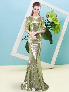 Floor Length Mermaid Half Sleeves Yellow Green Prom Evening Gown Zipper