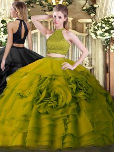 Trendy Olive Green Quince Ball Gowns Military Ball and Sweet 16 and Quinceanera with Beading and Ruffles Halter Top Slee