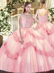 Eye-catching Ball Gowns Ball Gown Prom Dress Baby Pink Bateau Tulle Sleeveless Floor Length Zipper