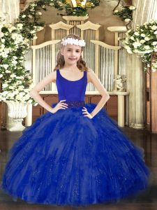 High Class Scoop Sleeveless Little Girl Pageant Dress Floor Length Beading and Ruffles Royal Blue Tulle