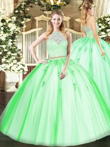 Deluxe Scoop Sleeveless Ball Gown Prom Dress Floor Length Lace and Appliques Tulle