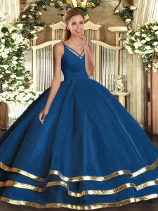 Floor Length Backless Vestidos de Quinceanera Blue for Military Ball and Sweet 16 and Quinceanera with Ruching