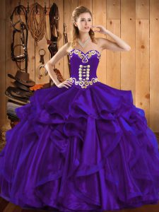 Ideal Sleeveless Organza Floor Length Lace Up 15 Quinceanera Dress in Purple with Embroidery and Ruffles