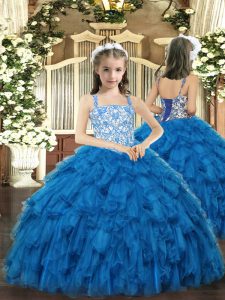 Exquisite Blue Straps Neckline Beading and Ruffles Little Girls Pageant Gowns Sleeveless Lace Up