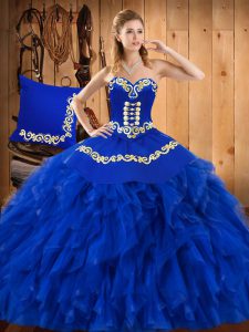 Blue Sleeveless Floor Length Embroidery and Ruffles Lace Up Quinceanera Dress