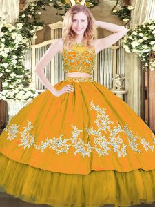 Romantic Scoop Sleeveless Quince Ball Gowns Floor Length Beading and Appliques Gold Tulle