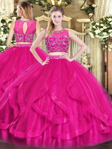 Customized Floor Length Zipper Quinceanera Gown Hot Pink for Military Ball and Sweet 16 and Quinceanera with Beading and