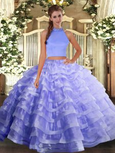 Top Selling Lavender Sleeveless Beading and Ruffled Layers Floor Length Quince Ball Gowns