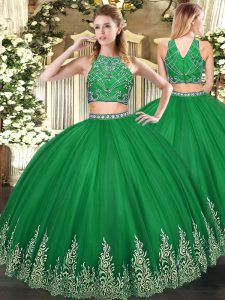 Fashion Dark Green Ball Gowns High-neck Sleeveless Tulle Floor Length Zipper Beading and Ruffles Sweet 16 Dresses