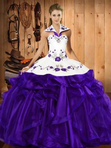Purple Organza Lace Up Halter Top Sleeveless Floor Length Sweet 16 Quinceanera Dress Embroidery and Ruffled Layers