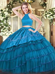 Floor Length Backless Quinceanera Dresses Teal for Military Ball and Sweet 16 and Quinceanera with Beading and Embroider