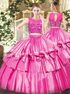 Wonderful Rose Pink Tulle Zipper Scoop Sleeveless Floor Length 15 Quinceanera Dress Beading and Ruffled Layers