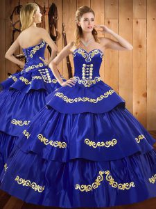 Royal Blue Taffeta Lace Up Ball Gown Prom Dress Sleeveless Floor Length Embroidery and Ruffled Layers