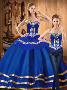 Blue Long Sleeves Embroidery Floor Length Quince Ball Gowns