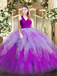 Eye-catching Multi-color Ball Gowns Organza V-neck Sleeveless Ruffles Floor Length Zipper Quinceanera Gowns