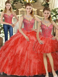Super Organza Straps Sleeveless Lace Up Beading and Ruffles Ball Gown Prom Dress in Red