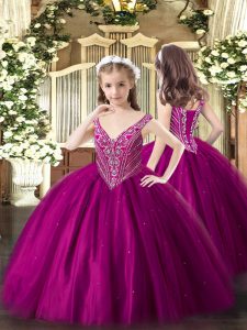 Fuchsia Lace Up Kids Formal Wear Beading Sleeveless Floor Length