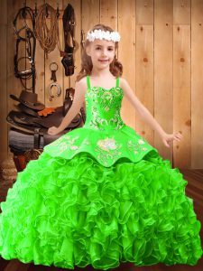 Latest Lace Up Little Girl Pageant Gowns Embroidery and Ruffles Sleeveless Brush Train