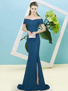 Blue Long Sleeves Sweep Train Sequins Prom Dresses