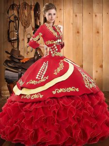 Floor Length Red 15 Quinceanera Dress Organza and Taffeta Sleeveless Embroidery and Ruffled Layers