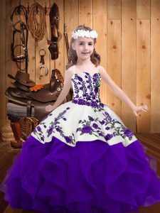 Fancy White And Purple Ball Gowns Organza Straps Sleeveless Embroidery and Ruffles Floor Length Lace Up Little Girls Pag