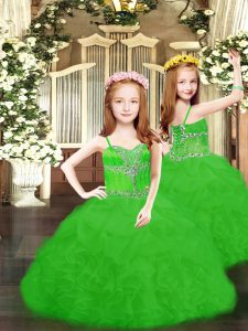 Classical Green Lace Up Pageant Dress for Womens Beading and Ruffles and Pick Ups Sleeveless Floor Length